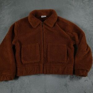 Morgan Factory Jacket Womens Large Brown Sherpa‎ Fleece Full Zip Lace Patch USA